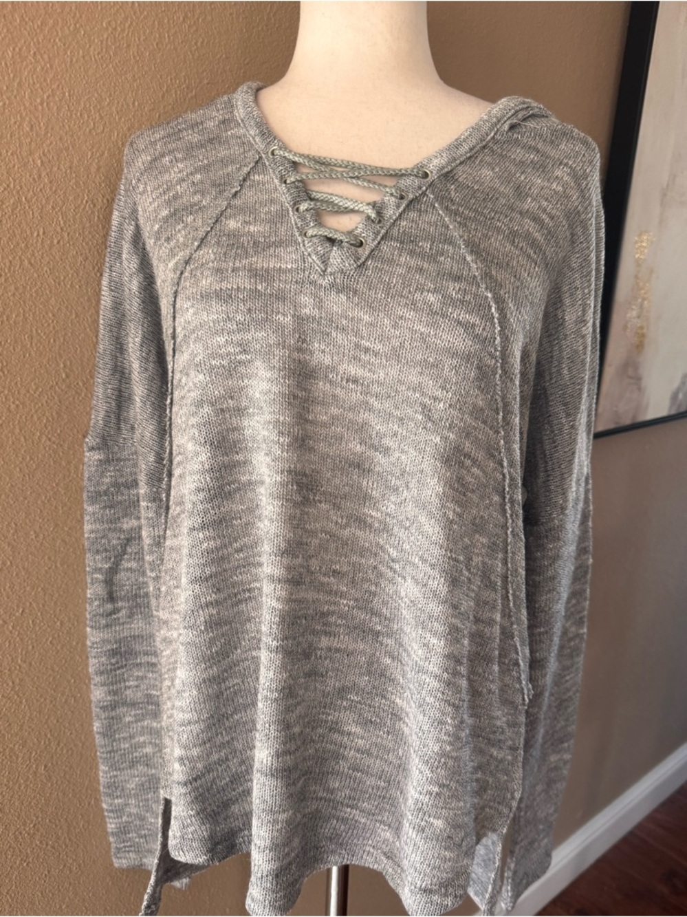 Relaxed Lace-Up Hoodie Sweater - Gray - Picture 5 of 9